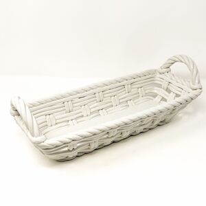 Tabletops Gallery White Ceramic Woven Bread Basket 14” Handled Serving Dish
